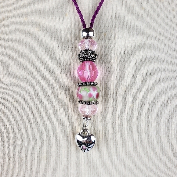 SAQ Handmade Glass Bead Heart Necklace Satin Cord Lanyard Valentine's Day - Picture 5 of 10